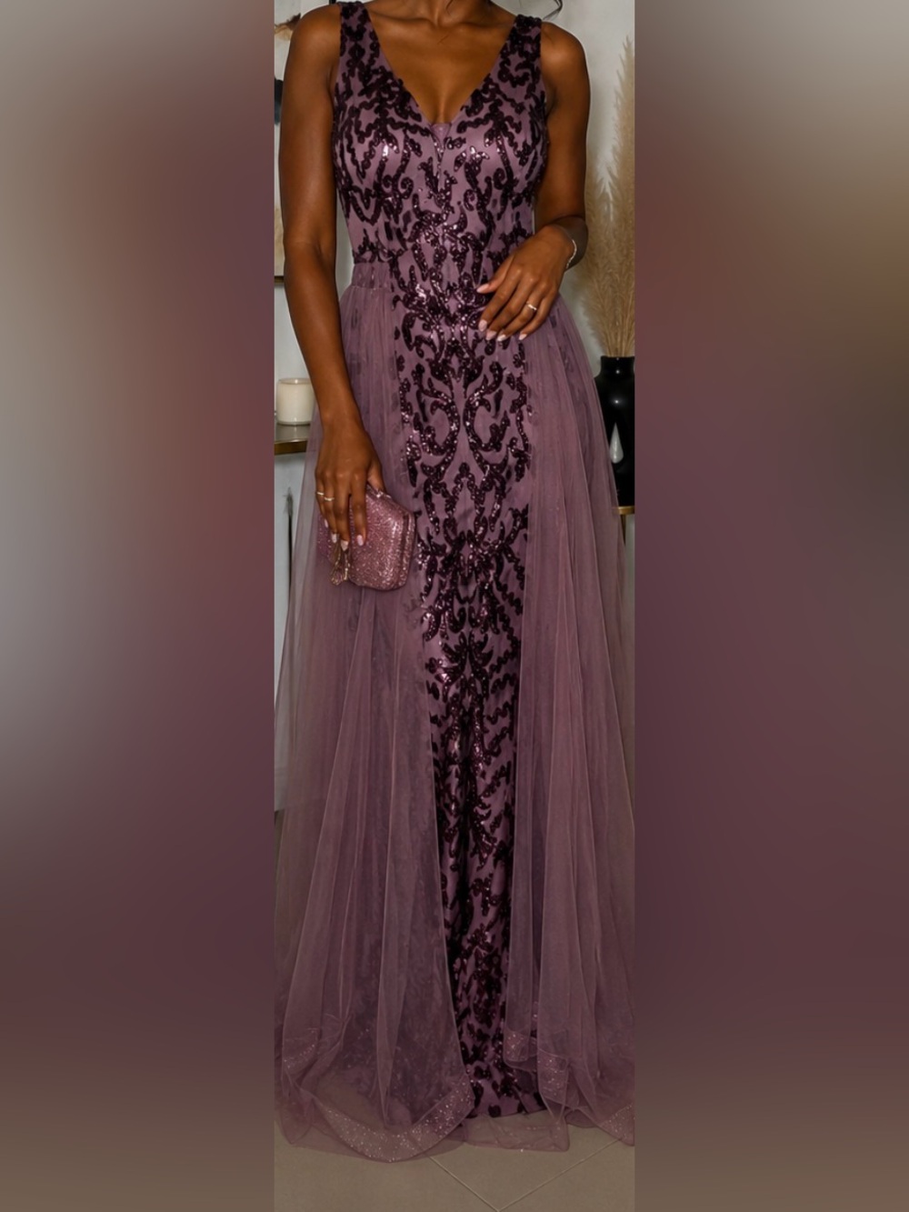 Mauve Sequined Tulle Gown